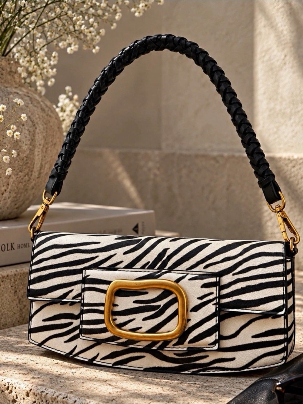 Steve Madden Black and White Zebra Shoulder Bag with Gold Buckle